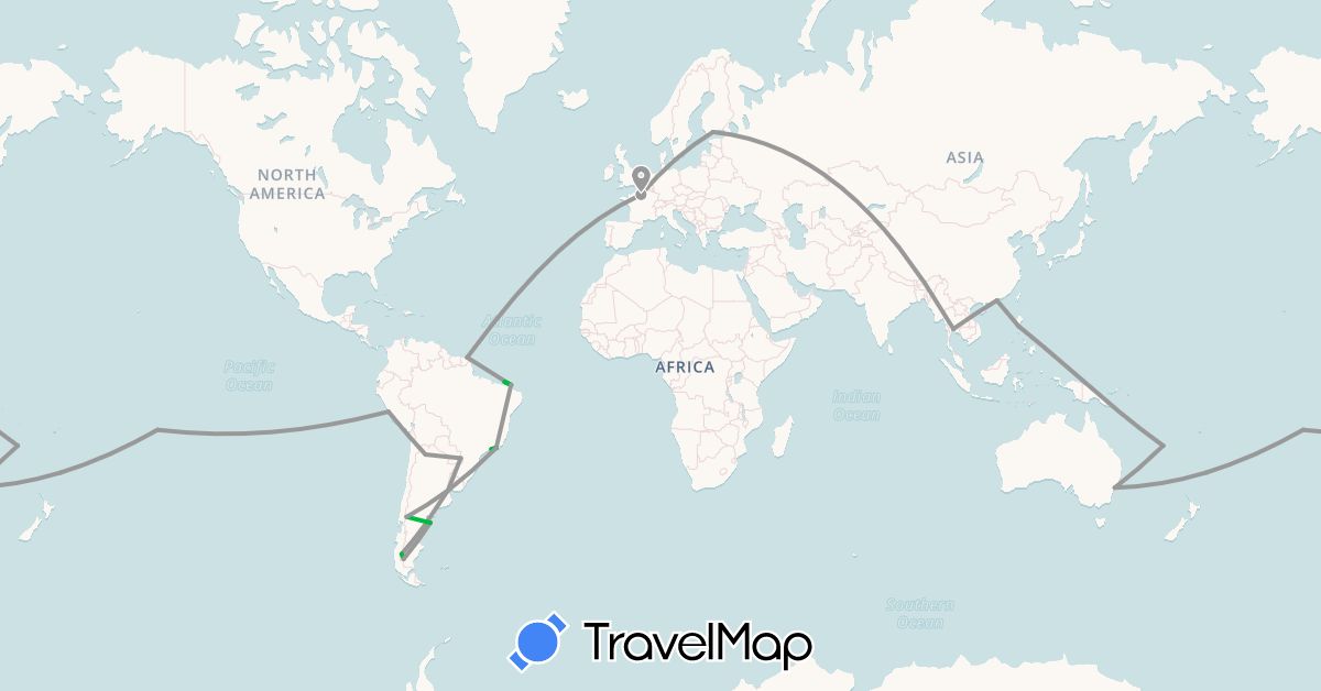 TravelMap itinerary: bus, plane, train in Argentina, Australia, Brazil, Finland, France, French Guiana, Hong Kong, New Caledonia, Peru, French Polynesia, Philippines, Thailand (Asia, Europe, Oceania, South America)